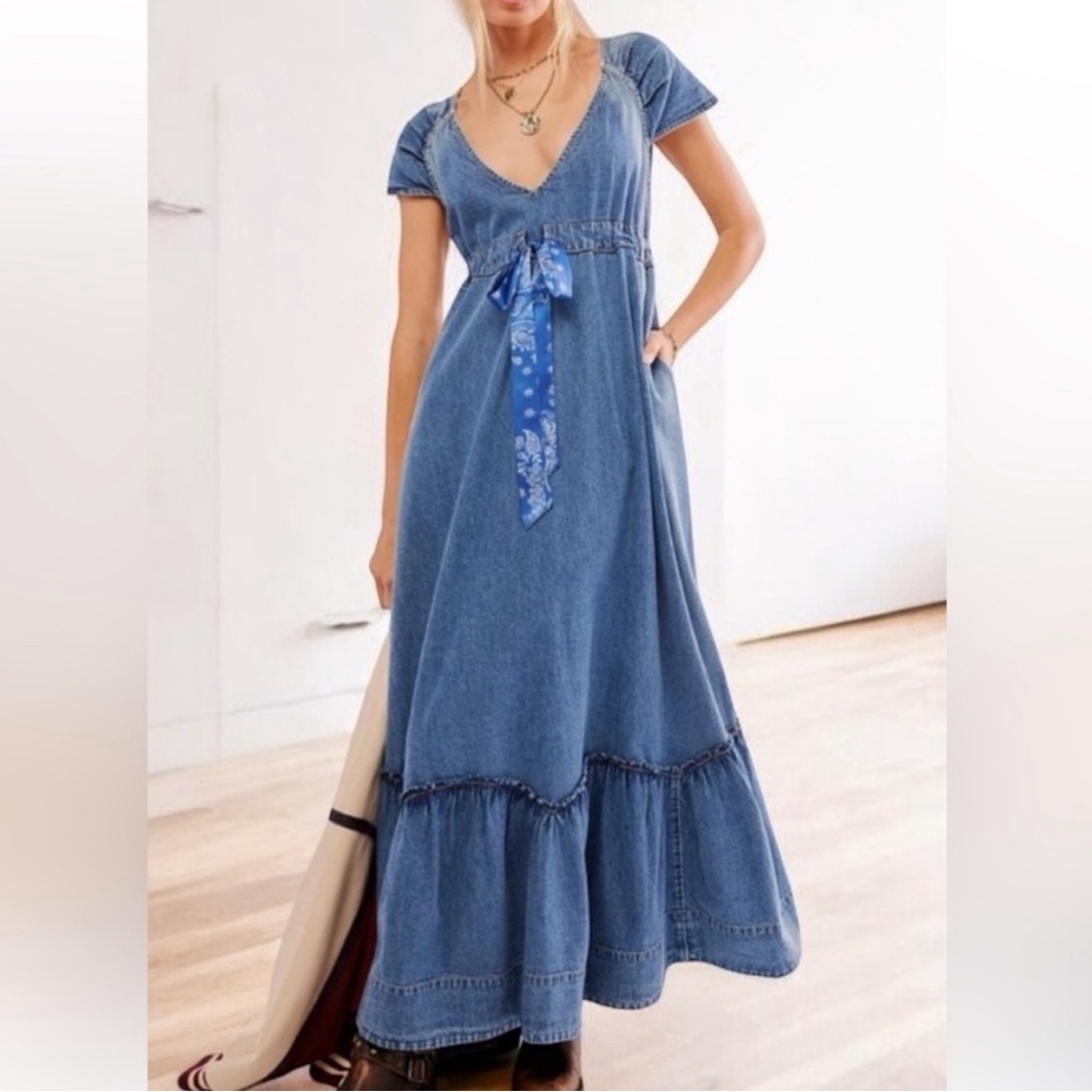 NWT Free People Roucha Denim Blue Shadow Bandana-Tie Ruffled Hem Maxi Western
